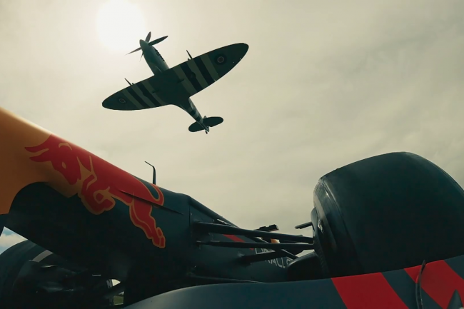 Shoot from F1 car to Spitfire flying overhead