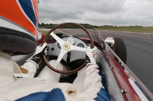 Onboard over the shoulder minicam shoot of Martin Brundle in Ferrari Sharknose